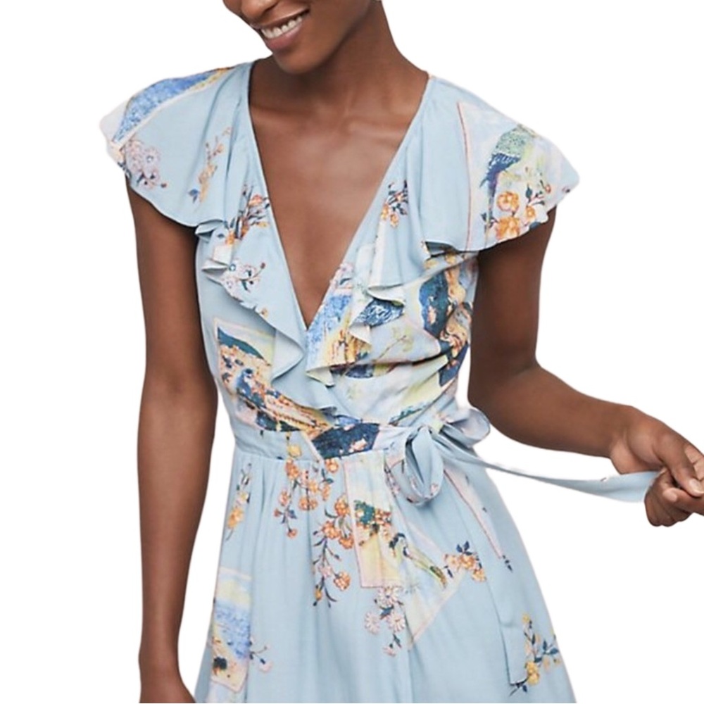 Anthropologie Light Blue Floral Ruffle Wrap Dress